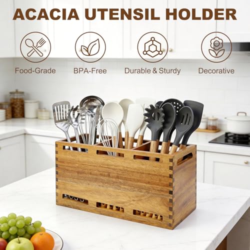 Acacia Wood Large Utensil Holder for Kitchen Counter Organizer Spoon Holder - view 5