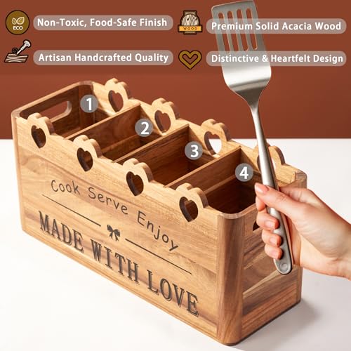 Kitchen Utensil Holder, Large Acacia Wood Organizer for Countertop | Extra Large Farmhouse Style with 4 Compartments, Rustic Wooden Storage for Cooking Tools & Cutlery - view 4