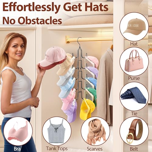 Hat Hangers for Closet, Collapsible Hat Organizer with 10-Hook, Stainless Steel Hat Holder, 360° Rotating Hat Storage Rack for Baseball Caps - view 6