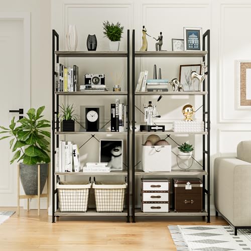5 Tier Bookshelf, Tall Freestanding Open Storage Bookcase, Grey - view 4