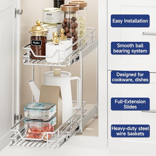 2-Tier Pull Out Cabinet Organizer, 9" W x 21.5" D, Heavy Duty Dual Slide Out Shelves for Narrow Base Cabinets, Chrome Wire Basket Drawer for Spices, Bottles & Snacks - view 4