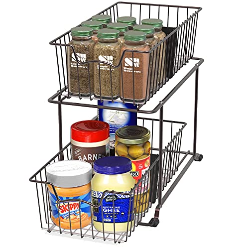SimpleHouseware 2 Tier Cabinet Wire Basket Drawer Organizer, Brown - view 4