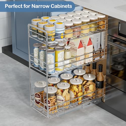 3-Tier Pull Out Cabinet Organizer for Narrow Cabinet (8.5" W X 20.5" D), Kitchen Cabinet Organizer and Storage Cabinet Pull Out Shelves Under Cabinet Storage for Kitchen, Chrome - view 2