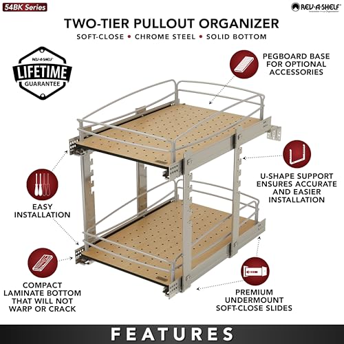 2 Tier Pull Out Kitchen Cabinet Storage Organizer with Solid Bottom & Undermount Soft-Close Full Extension Slides, Min Opening Width of 14", 54BK-15SC-2-1 - view 3