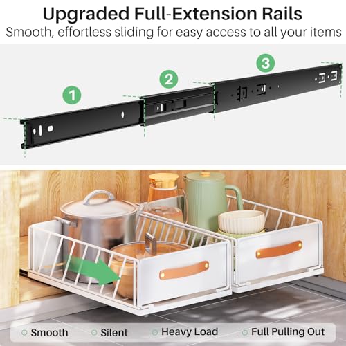 Pull out Cabinet Organizer,Heavy Duty Slide out Pantry Shelves Drawer Storage with Adhesive Nano Film,Sliding Mesh Cabinet Basket with Handle for Kitchen, Bathroom, Home, 11.8W" X 15.7"D X 6.2"H,White - view 3