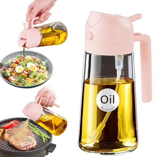 16oz/470ml Glass Olive Oil Sprayer for Cooking with Stickers, 2 in 1 Oil Dispenser for Kitchen Gadgets, Food Grade Premium Spray Bottle for Salad, Frying, BBQ (PeachPink)