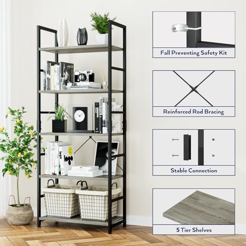 5 Tier Bookshelf, Tall Freestanding Open Storage Bookcase, Grey - view 5