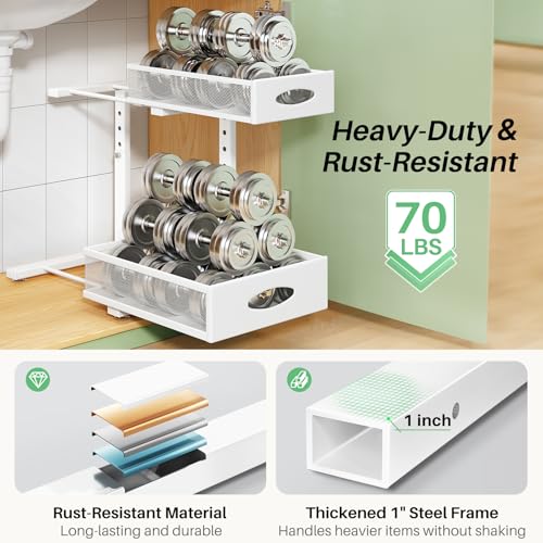 Under Sink Organizer, 2-Pack Pull Out Cabinet Organizer 2 Tier Metal Slide Out Storage Shelf Rack, L-Shaped Adjustable Height,Mesh Sliding Drawer for Kitchen, Bathroom, Laundry, Pantry, White, XL - view 6