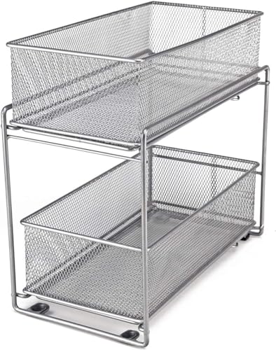 2 Tier Sliding Basket Stackable Cabinet Pull-Out Drawer Mesh Organizer for Kitchen Under Sink Storage (Silver)