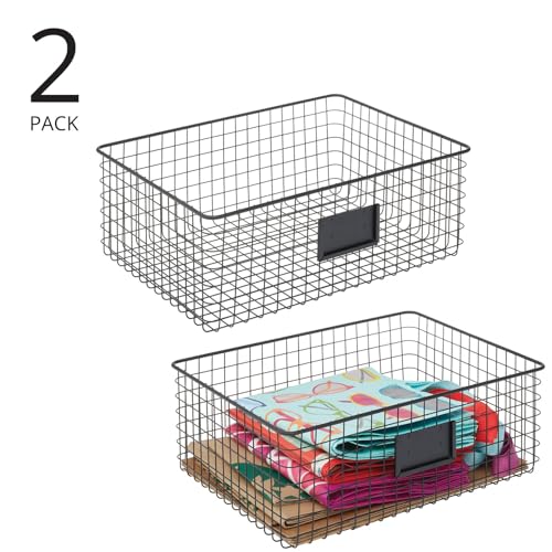 Wide Steel Wired Storage Organizer Bin Baskets with Label Slot for Kitchen Pantry, Cabinet, Organizing Holder for Food, Drinks, Snacks, Produce, Omaha Collection, 2 Pack, Matte Black - view 2