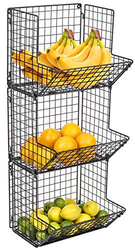 Hanging Fruit Basket Wall Mounted Wire Metal Bins - 3 Tier Storage Basket Organizer for Kitchen Storage, Great for Produce Fruits & Vegetables, Potato Onion Storage Bathroom Tower (Black)