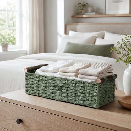 Round Paper Rope Storage Basket Wicker Baskets for Organizing with Handle Decorative Storage Bins for Countertop Toilet Paper Basket for Toilet Tank Top Small Baskets Set,Green - view 4