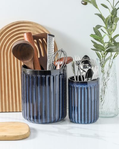Kitchen Utensil Holder,7.3" + 5.7" Cooking Utensil Holder for Kitchen Counter, Large Utensil Crock for Farmhouse Decor, Utensil Storage Organizer for Spatula, Set of 2, Navy Blue - view 4