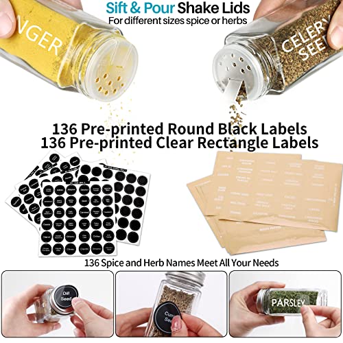 28 Pcs Clear Glass Spice Jars,3.5 oz Glass spice jar with 324 labels, Funnel,Chalk Pen,Shaker Lids and Airtight Metal Caps, Empty Square Spice Bottles for Spice Rack, Cabinet, Drawer - view 3