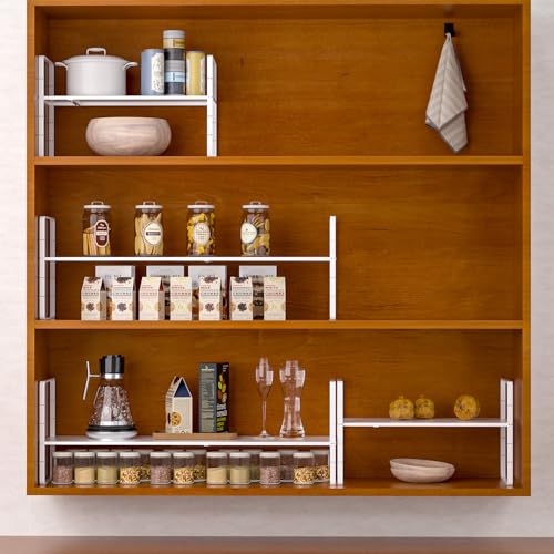 Expandable Cabinet Storage Shelf Organizer Rack, Heavy Duty Steel Metal Spice Rack Adjustable Height Pantry Garage Shelf Space Riser for Counter Kitchen Organization, White, 1 Pack - view 5