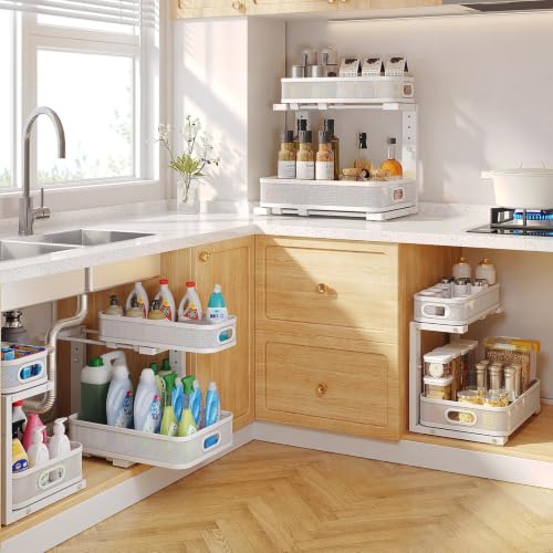 2 Pack Under Sink Organizer With Smooth Cylindrical Rail,2-Tier Pull Out Multi-Purpose Cabinet Storage for Bathroom&Kitchen,Height Adjustable,Rust-resistant Coating-White - view 7