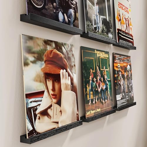 Vinyl Record Shelf Wall Mount, 6 Pack Album Record Holder Wall, 12 inch Vinyl Record Storage Shelves Wall, Wood Record Display for Living Room(Black) - view 6