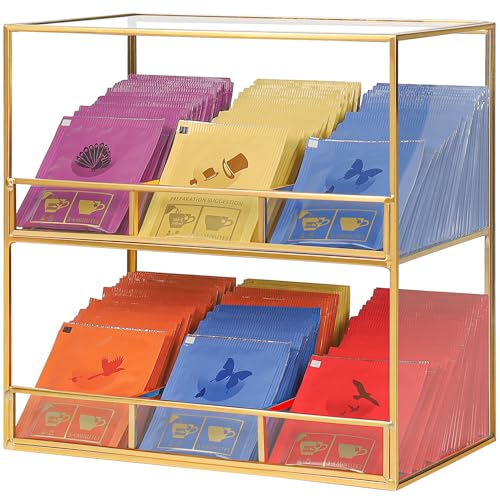 Glass Tea Bag Organizer for Counter, 2-Tier Teabag Organizer Storage Holder for Tea Bags, Glass Caddy Box Containers, Rack Teabag Station Stand for Cabinet Kitchen, 2-Tier, Gold