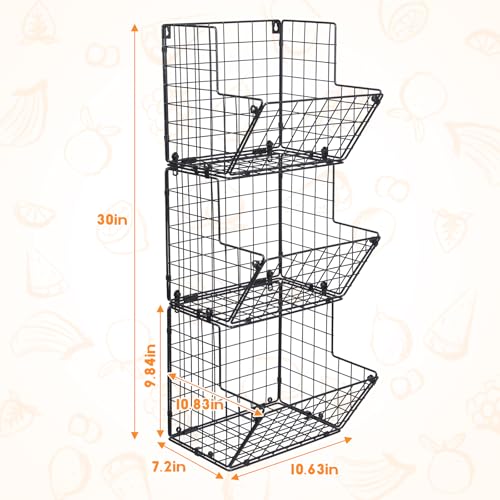 Metal Wire Basket Wall Mount, 3 Tier Wall Storage Organizer with 5 S Hooks, Kitchen Fruits and Vegetables Bin Toys Organizer Hanging Basket Black (S (10.83" L x 10.63" W x 30" H)) - view 5