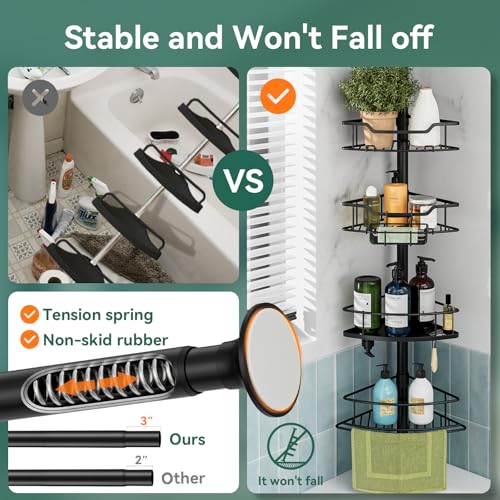Corner Shower Caddy Tension Pole, 4 Tier Rustproof Shower Tension Rod Organizer, Adjustable 25-125 Inch Bathroom Shower Organizer Shelves for Bathtub Shampoo Storage, Black - view 2
