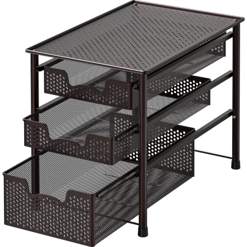 Stackable 3 Tier Sliding Basket Organizer Drawer, Bronze