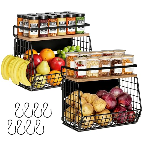 Fruit Basket 2 IN 1 Magnetic & Hanging Wall Produce Basket with Spice Rack for Potato and Onion Storage for Pantry,Kitchen Countertop and Fridge Organizer 2 PCS