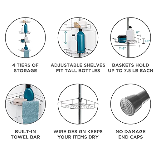 Tension Pole Shower Caddy, Adjustable Corner Shower Storage System with 4 Baskets and Built in Towel Bar, Rust-Resistant Bathroom Organization Solution, 60 to 97 Inch, Chrome - view 4