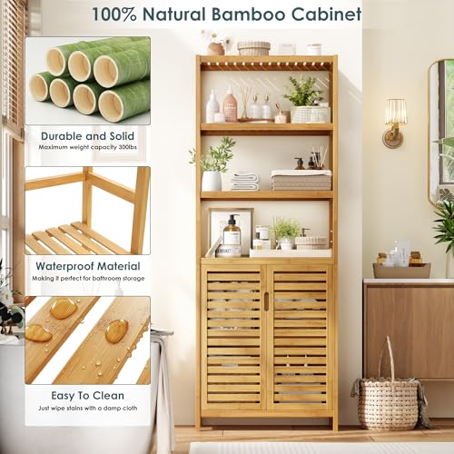 6-Tier Bamboo Book Shelves with 2 Door, Tall Bathroom Storage Cabinet - view 6