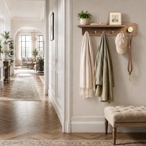 Coat Rack Wall Mount with Shelf, Solid Wood, 5 Brass Hooks, Brown - view 6