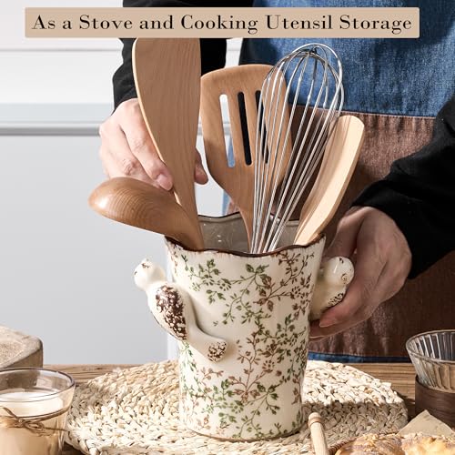 6.34'H Utensil Holder for Kitchen Counter, Modern Farmhouse Cooking Utensil Holder and Crock Home Kitchen Decor, Ceramic Utensil Organizer for Spatula, Ladle, Eggbeater, Rolling Pin- Green and Beige - view 5