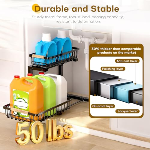 Under Sink Organizer, Heavy-Duty & Rust-Resistant Carbon Steel Metal, 2 Tier Pull Out Under Bathroom Sink Storage, Adjustable Height (13.8" -16.9"), Organizer for Kitchen Cabinet(2PCS,Black) - view 4