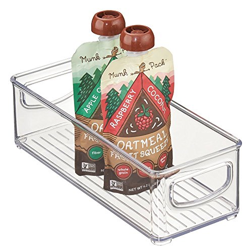Stackable Plastic Food Storage Bin with Handles for Kitchen Pantry, Cabinet, Refrigerator, Freezer - Organizer for Fruit, Yogurt, Squeeze Pouches - BPA Free, 10" Long - Clear