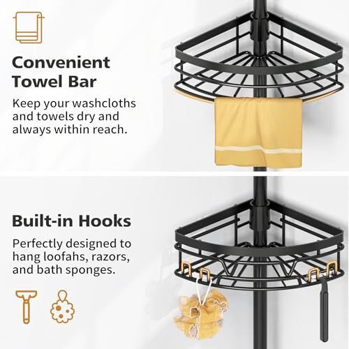 Tension Pole Shower Caddy with Towel Bar - Corner Shower Caddy, Black - view 2