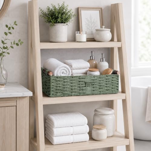 Round Paper Rope Storage Basket Wicker Baskets for Organizing with Handle Decorative Storage Bins for Countertop Toilet Paper Basket for Toilet Tank Top Small Baskets Set,Green - view 2