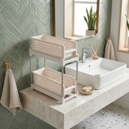 Bathroom Under-Sink Organizer, 2-Tier Pull-Out Rack, 47x16x17 cm, White - view 4