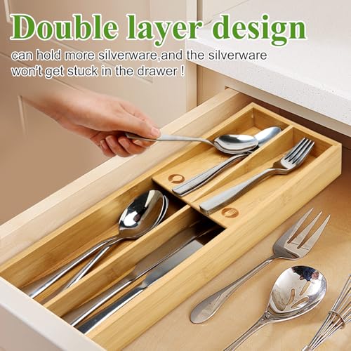 Small Bamboo Skinny Silverware Drawer Organizer Narrow Utensil Cutlery Tray - view 3