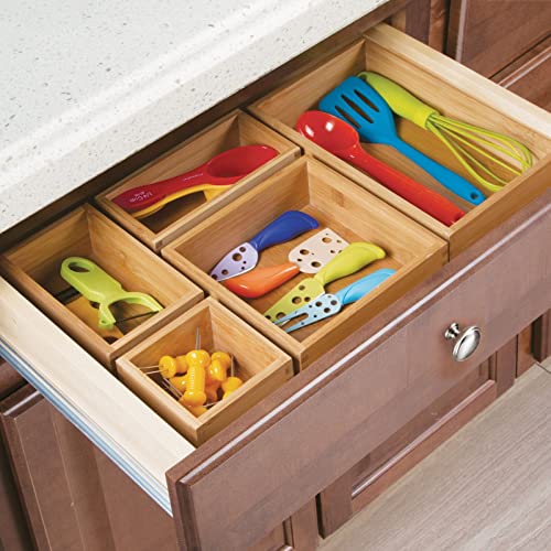 Bamboo Wood Kitchen Cabinet Drawer Organizer Tray Bins - Multipurpose - Use in Drawers, on Countertops, Shelves or in Pantry - Varied Sizes - Echo Collection - Set of 5 - Natural - view 3