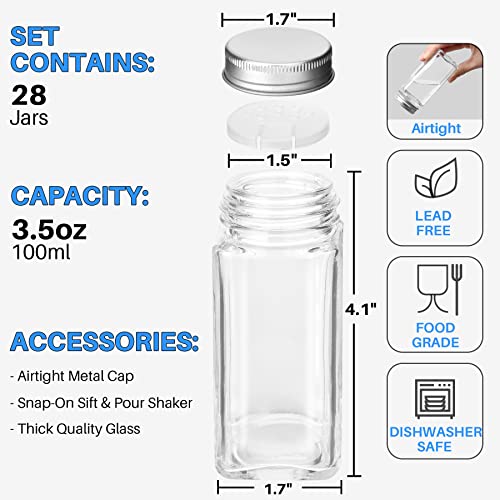 28 Pcs Clear Glass Spice Jars,3.5 oz Glass spice jar with 324 labels, Funnel,Chalk Pen,Shaker Lids and Airtight Metal Caps, Empty Square Spice Bottles for Spice Rack, Cabinet, Drawer - view 2
