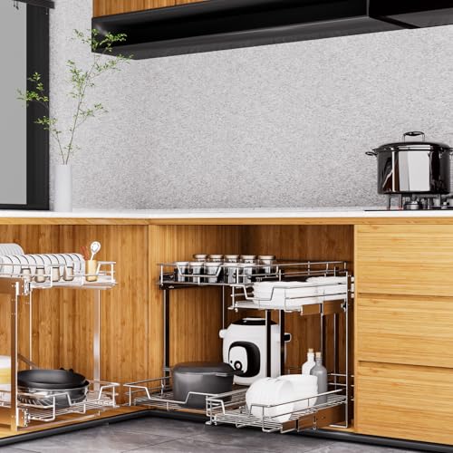 Pull Out Cabinet Organizer 11.5" W x 21" D, 2-Tier Kitchen Cabinet Pullout Shelf and Drawer Organizer Slide Out Pantry Storage Basket, 10.2" W x 21" D x 2.4" H for Bottom Basket Size - view 7