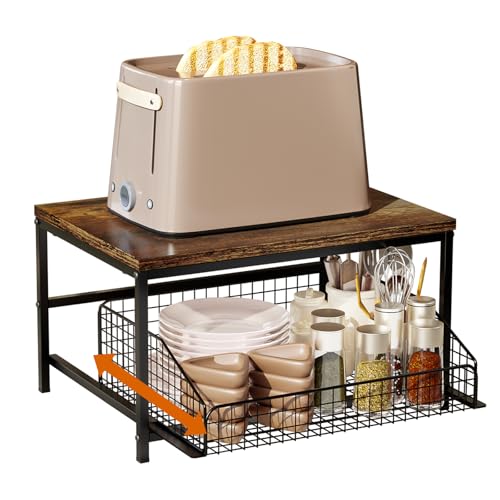 Pull Out Spice Rack Organizer for Cabinet,Rustic Wood Top with Wire Basket Storage,Kitchen Countertop Organizer and Storage for Pantry, Counter top,Coffee Station Wood. (Brown)