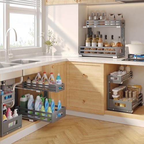 2-Pack Under Sink Organizers and Storage,2-Tier L Shape Pull Out Cabinet Organizer With Round Tube Slide Rails,Hight Adjustable Slide Out Drawers for Kitchen&Bathroom,Multi-Purpose Storage Shelf-Gray - view 6