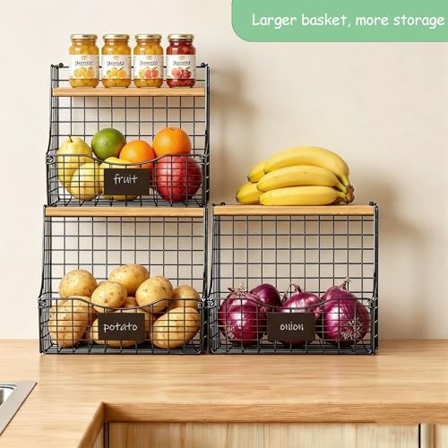 3 Pack wire Fruit Basket for Kitchen with Wood Lid - Counter&Wall Mounted Onion and Potato Storage with Nameplate, Hanging Baskets for Vegetable,11.81 * 10.63 * 8.66 Inch - view 3