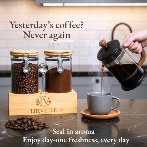 Airtight Coffee Canister with Scoop | Curated Glass Storage Set for Beans, Grounds & Sugar | 9-Piece Ritual Organizer with Bamboo Base, Versatile Artisan Spoon, Labels & Cleaning Brush - view 2
