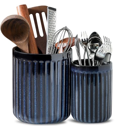 Kitchen Utensil Holder,7.3" + 5.7" Cooking Utensil Holder for Kitchen Counter, Large Utensil Crock for Farmhouse Decor, Utensil Storage Organizer for Spatula, Set of 2, Navy Blue