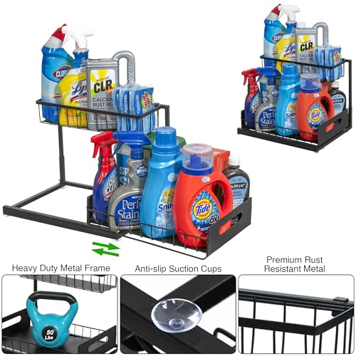 Under Sink Organizers Around Pipe - 1-Pack Slide Out Storage Bins, 2-Tier Large Capacity, Heavy Duty Metal Frame Holds 50 lbs, Removable for Kitchen, Bathroom, Vanity, Laundry, KN0057-2Pack - view 3