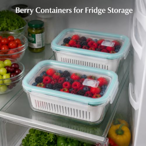 2 Pack 56oz Glass Berry Container for Fridge,with Removable Colander and Vent Valve,Fresh Fruit and Vegetable Storage Set - view 4