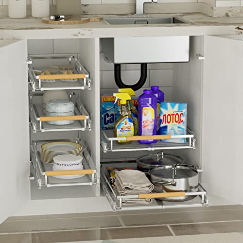Pull Out Cabinet Organizer, Pantry Drawer Slide Out Basket Expandable Sliding Shelf Under Sink Shelf, Steel Metal cabinet drawers slide out, Chrome Finish, 23.1 to 39.9" W - view 5