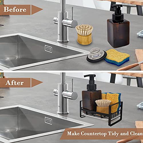 Kitchen Sink Caddy Sponge Holder Organizer, Sink Tray Drainer Rack, Soap Dish Dispenser Brush Holder Storage Accessories - Countertop or Adhesive Wall Mount, Matte Black Stainless Steel - view 6