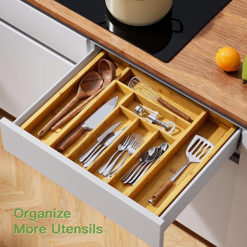 Bamboo Expandable Silverware Drawer Organizer, Adjustable Kitchen Utensil Tray for Forks, Spoons and Knives, Wood Storage Cutlery Holder for Bedroom and Living Room - view 4