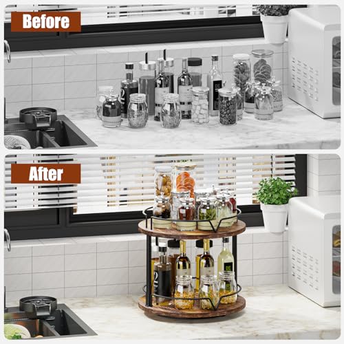 12" Wood Lazy Susan, 2 Tier-Rotating Spice Rack, Rustic Brown - view 4